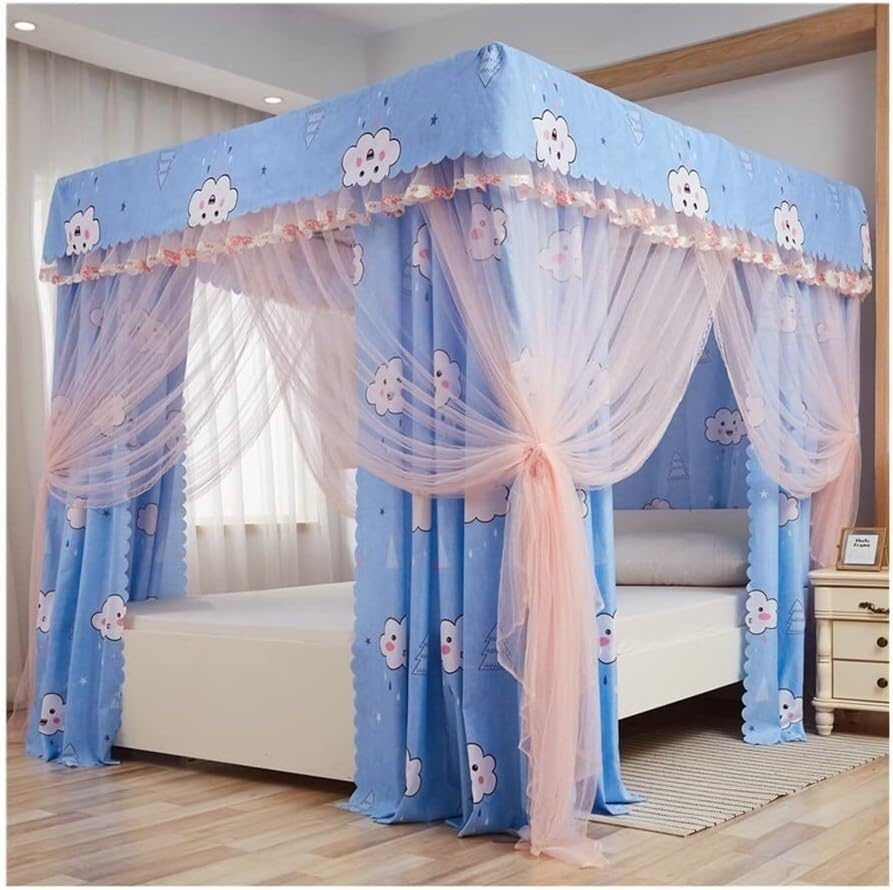 Mosquitera de cama de princesa con 4 postes azul de 180x220 cm 1