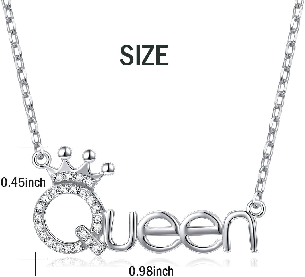 Flyow 925 Sterling Silver White Cz Crown Princess/Queen Pendant Word Charm Necklace for Girlfriend Wife Daughter Granddaughter, 18 Inch + 2 Inch