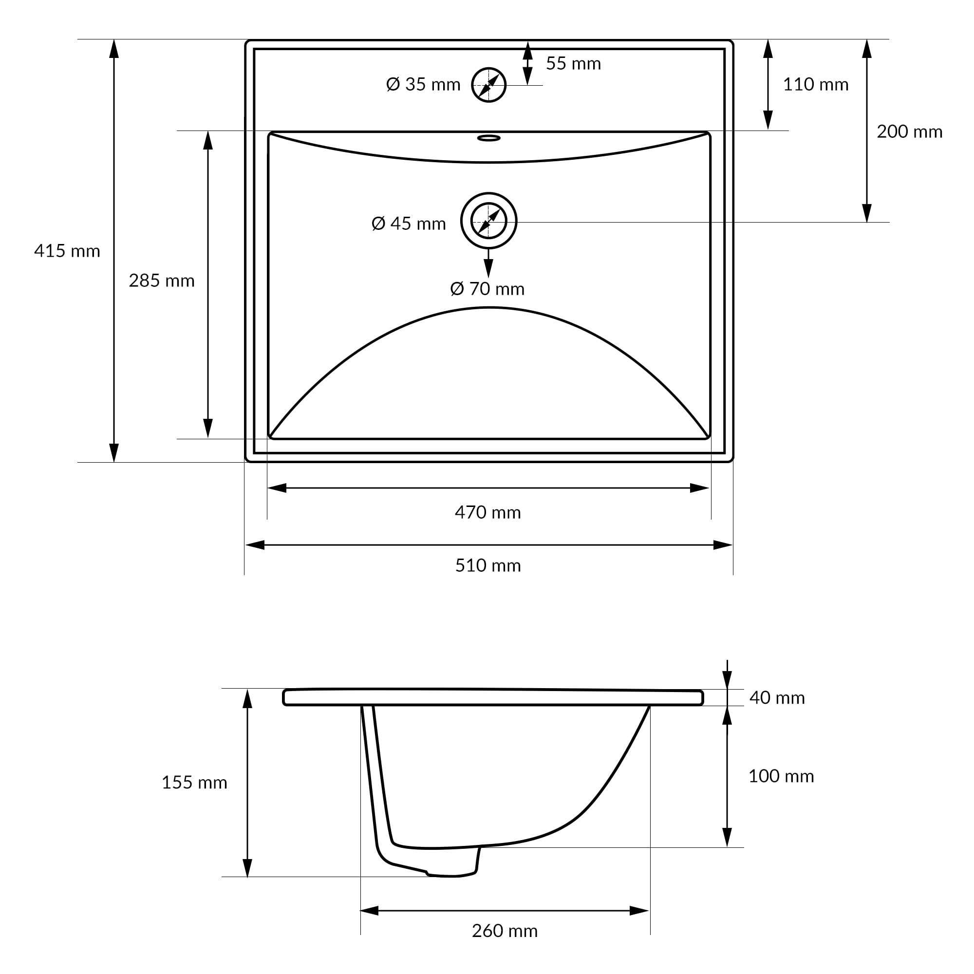 ML-Design Lavabo in Ceramica Bianca 51x15,5x41,5 cm Lavandino da Incasso Quadrato Moderno Bacinella Lavamani per il Bagno e Toilette Lavello con Scarico Standard Foro per Rubinetto e Troppopieno