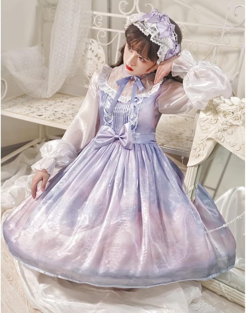 ワンピース ゴスロリ 女の子 蝶結び 可愛い 月星 アニメ 服 姫 Lolita 水色 甘ロリ コスプレ パーティ 二次会 スカート レース ミモレ丈 オーガンジー キラキラ 光沢感 カジュアル 学園祭 文化祭 写真撮影 森ガール 出産祝い