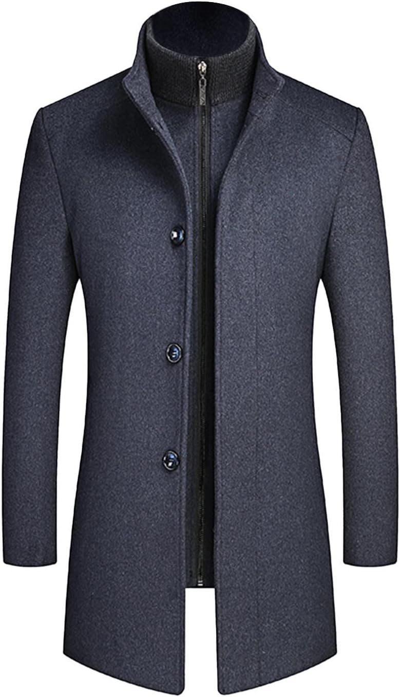 Mens Trench Coat Notched Collar Single Breasted Casual Overcoat Slim-fit Warm Windbreaker Fall Winter Pea Coat