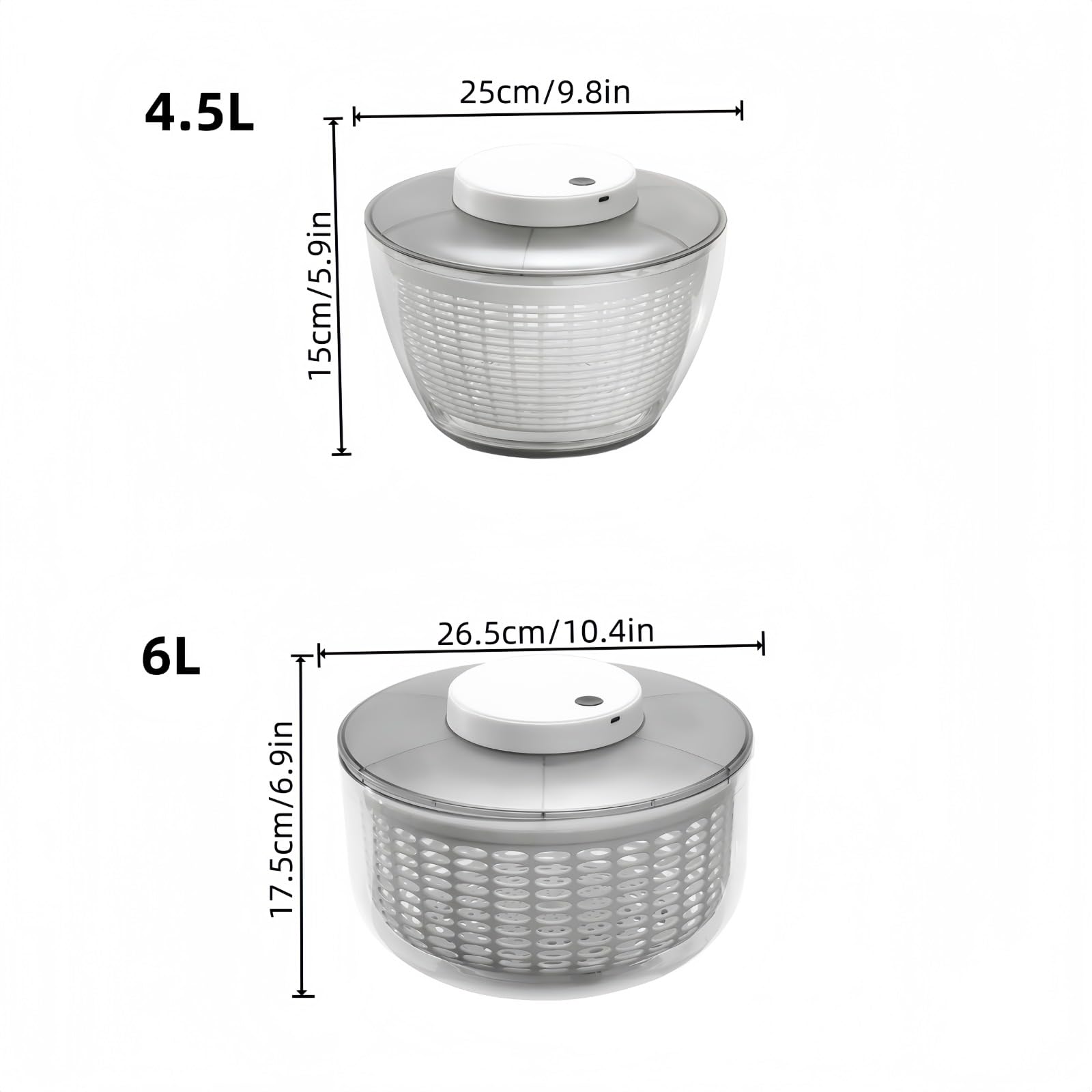 Generico Strizza Insalata, Lava Insalata centrifuga,Centrifuga per Insalata 4,5L/6L Elettrica USB Lattuga Spinner Cleaner con Ciotola per l'essiccazione di Verdure (6L) Bianca Rotondo