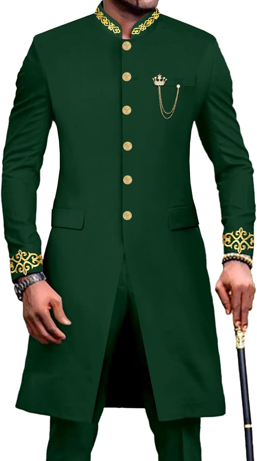 Men`s Suit Single Breasted Embroidery Blazer and Pants 2 Piece Set Slim Fit Dashiki Outfits African Clothes