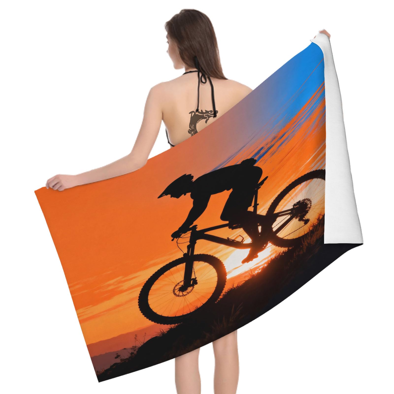 Leichong 3D Mountain Bike Beach Towel Large Microfiber Soft Quick Dry for Adults, Sports Silhouette Bath Towel Lightweight Soft Absorbent for Travel Swimming Pool Sports, 80 x 160 cm