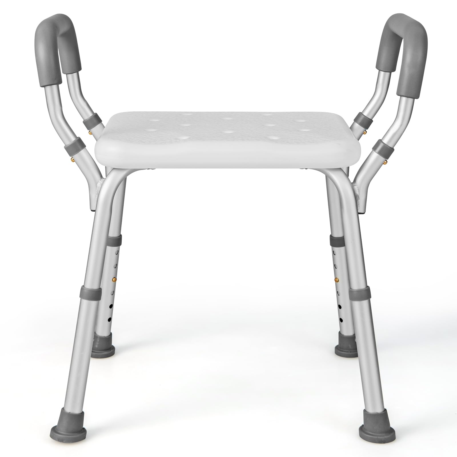 HOMASIS Sgabello da doccia regolabile in altezza in 6 nilveles, panca da doccia in alluminio con braccioli imbottiti rimovibili e piedini in gomma antiscivolo, per anziani, 59 x 34 x 54 – 67 cm,