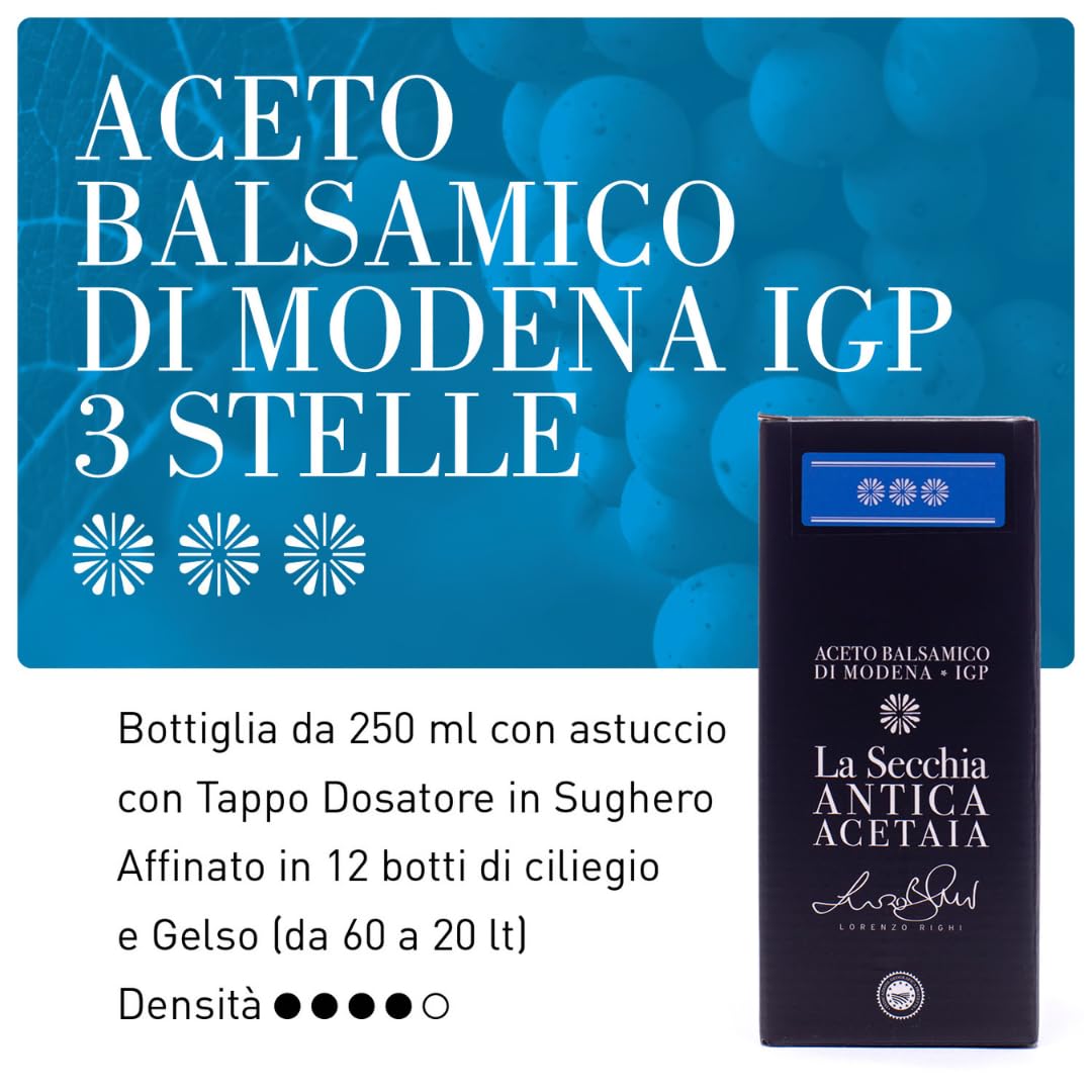 La Secchia - Aceto Balsamico di Modena IGP "Tre Stelle", Affinato in 12 botticelle di Ciliegio-Gelso, Media Densità, Bottiglia 250 ml con Tappo Dosatore in Sughero