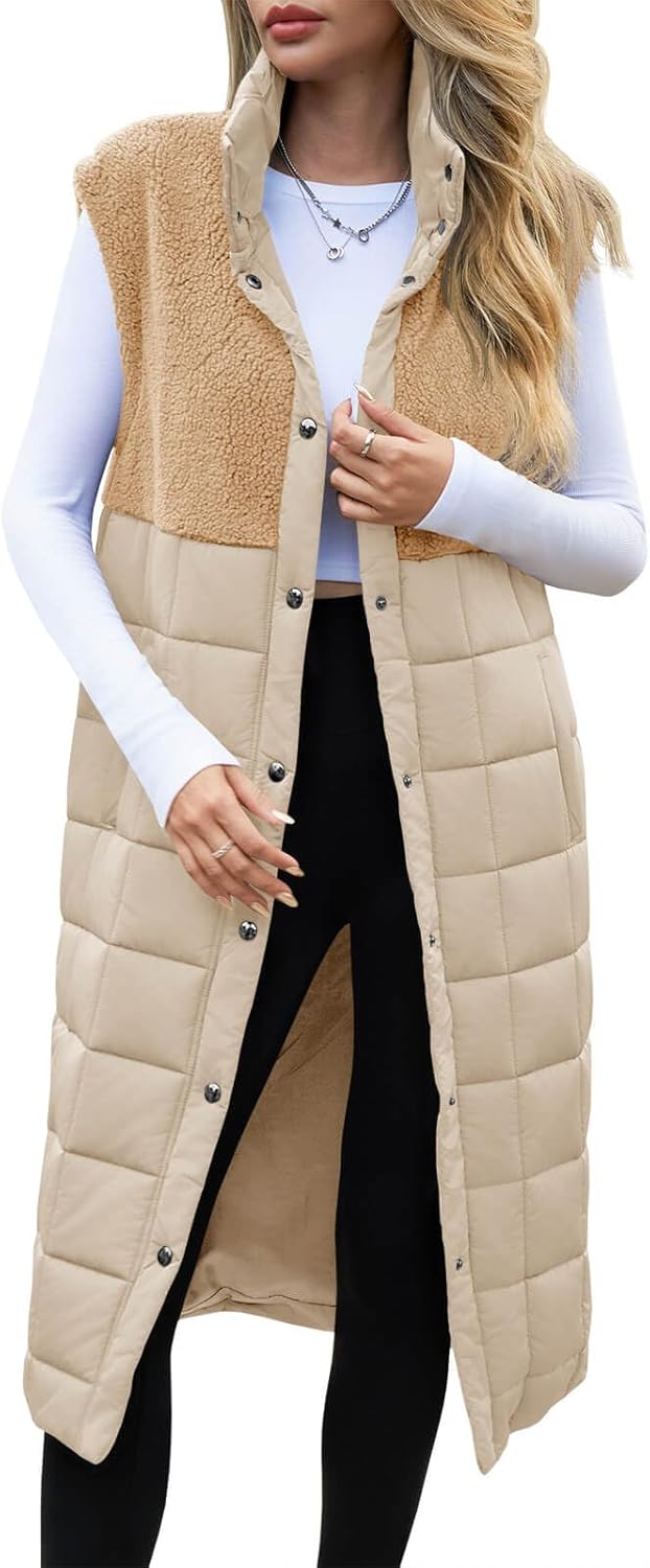UMEKO Women's Long Puffer Vest Fleece Jacket Winter Button Down Sleeveless Coats