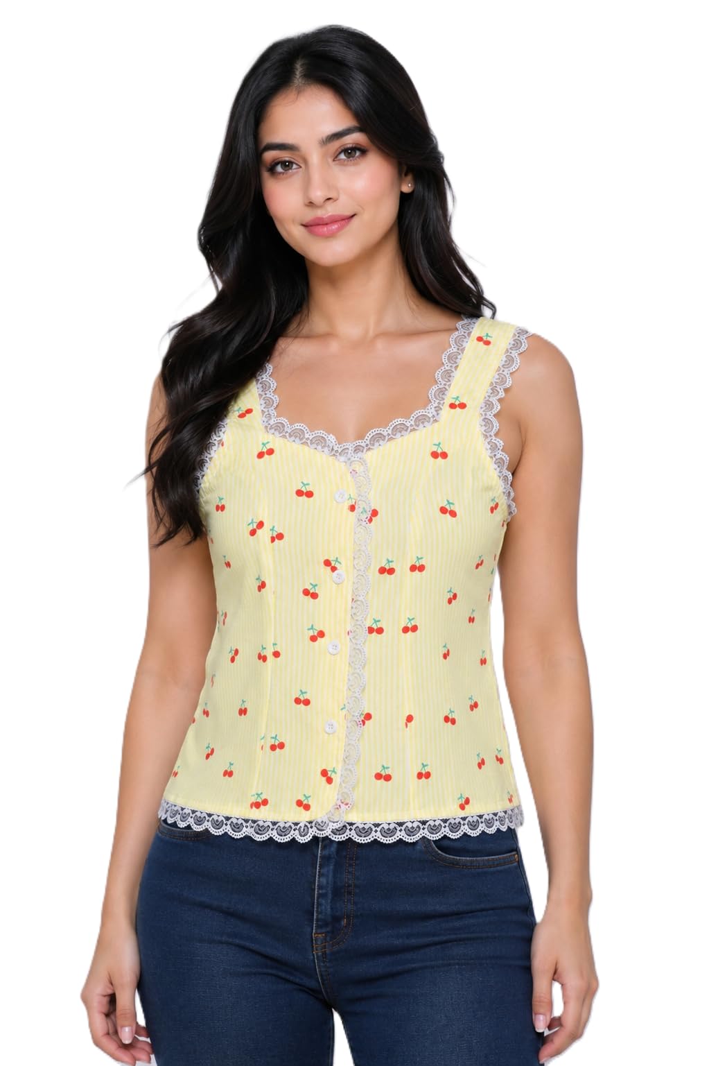 Women's Sweetheart Neck Cami Top | Cherry Print Sleeveless Cotton Blend Camisole | Lace Trim Strap Top | Button Front Casual Summer Tank Top-picture-45
