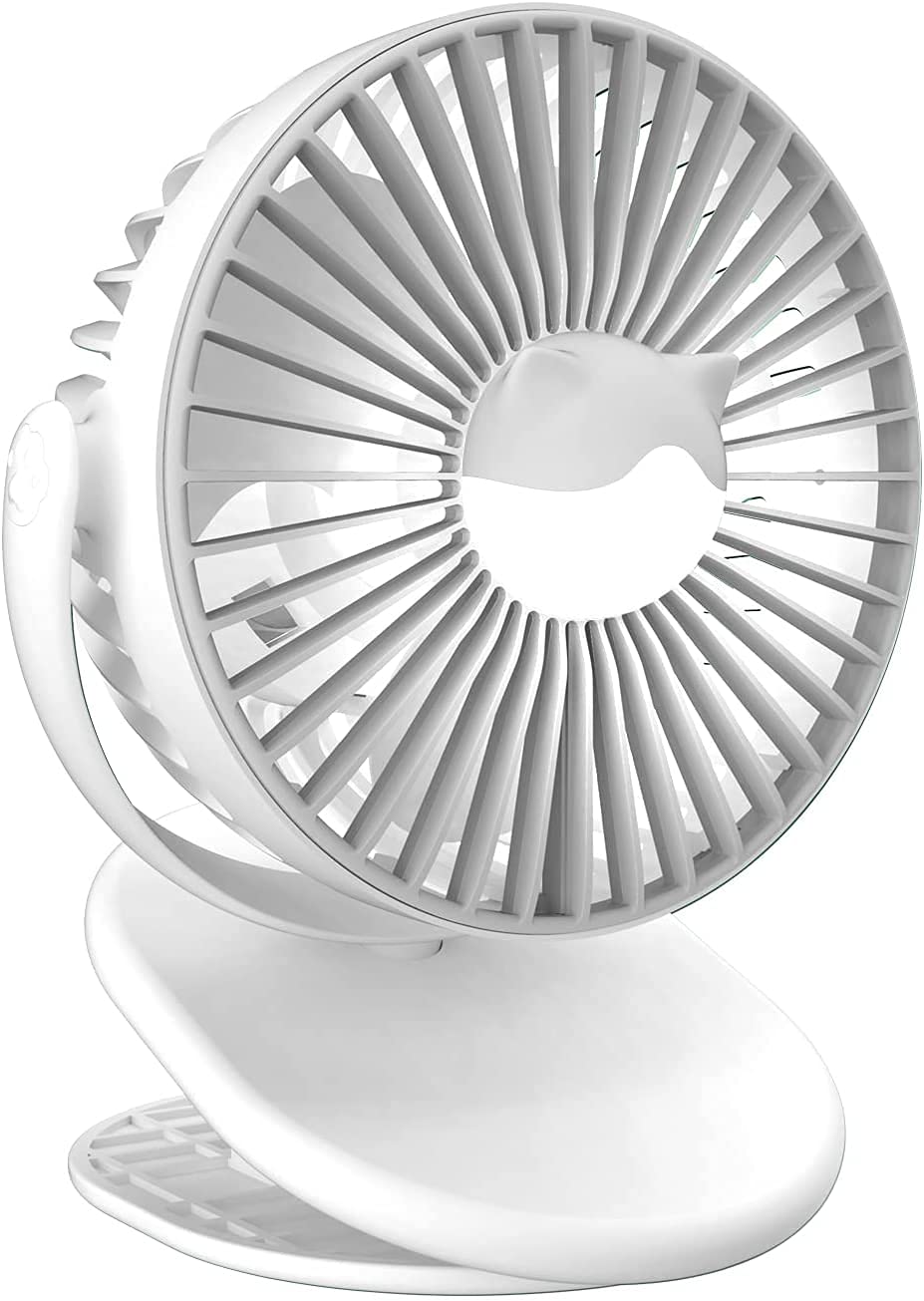 Rechargeable Clip Fan, Portable Fans, USB Desktop Fan, 3 Speed, Quiet Household Table Fans with light, Personal Suitable for Home, Office, Dorm, Baby Stroller, kitchen, Car, Treadmills (White)