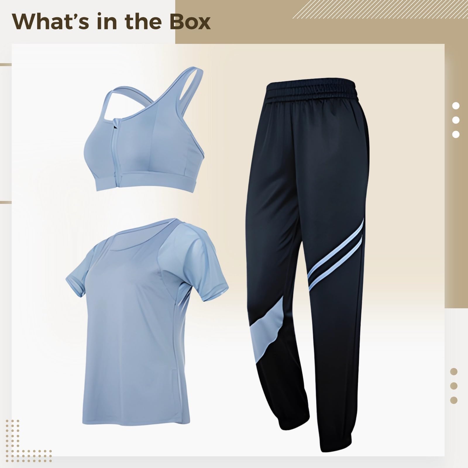 Conjunto de entrenamiento de 3 piezas para mujer, incluye brasier deportivo, parte superior y leggings, y diseño negro, tela transpirable de poliéster y elastano, talla XXL