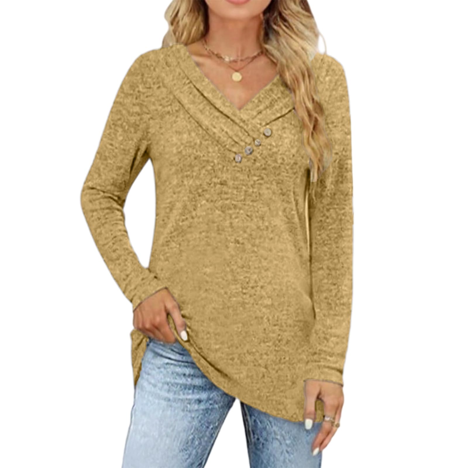 Top for Women Long Sleeve Tunic V-Neck Pullover Casual Knit Shirt Loose Fit Soft Sweater Fall Winter Basics