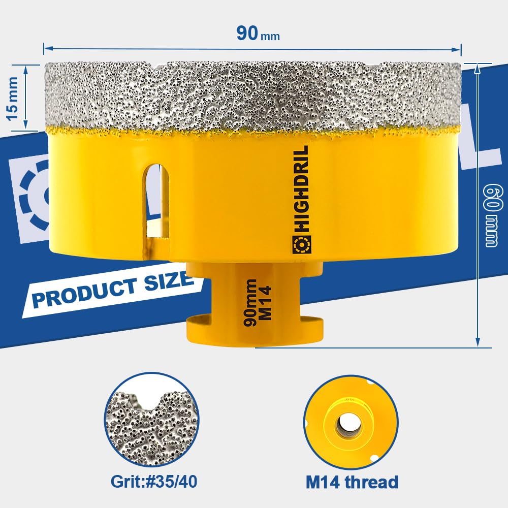 HIGHDRIL Wiertło diamentowe 90 mm z gwintem M14, wiertło na sucho do porcelany, płytek, ceramiki, granitu, marmuru, kamienia, muru, cegły