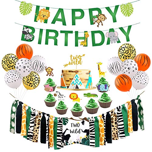 Two Wild Birthday Party Decorations Two Wild Highchair Banner Animal Birthday Banner Two Wild Cake Topper 12 Pcs Animal Skin