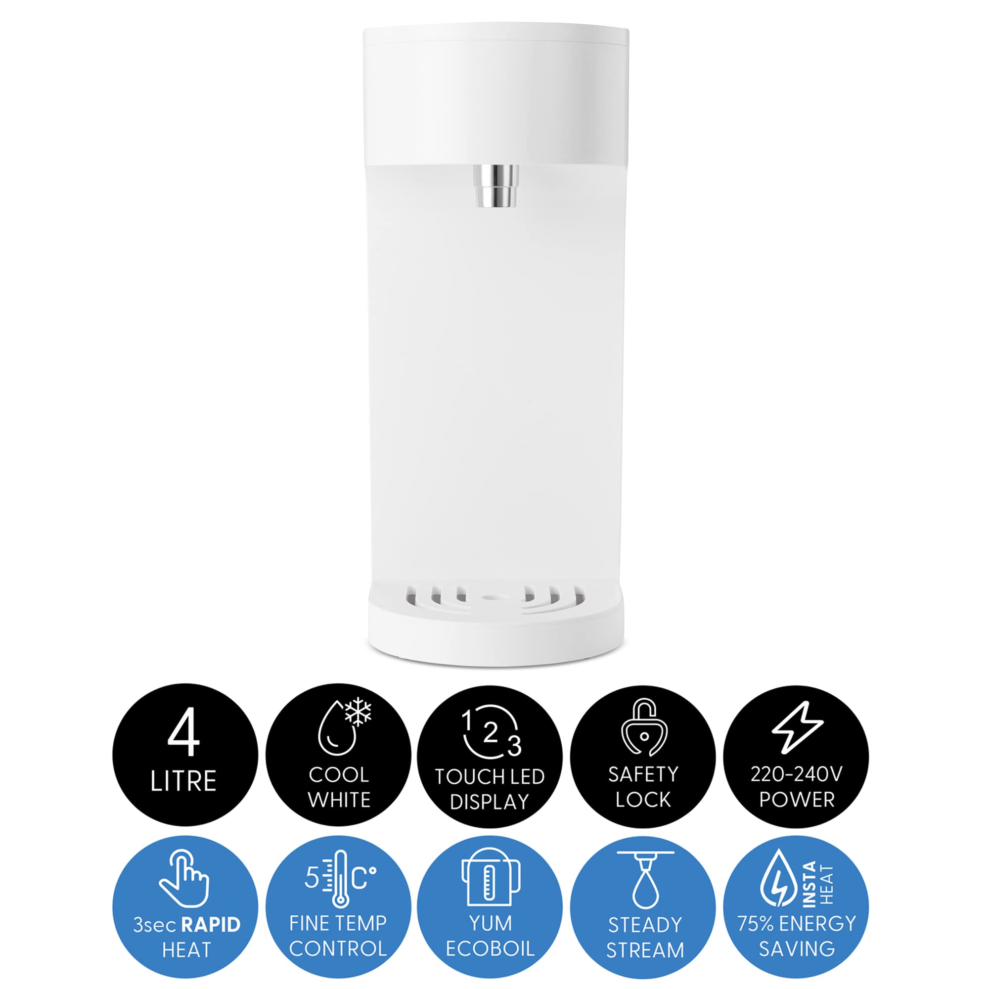 Yum Asia Oyu Dispenser digitale istantaneo di acqua calda con display touch LED "Hidden Under" bianco, capacità 4 litri, Ecoboil, tecnologia InstaHEAT, 220-240V, alimentazione EU