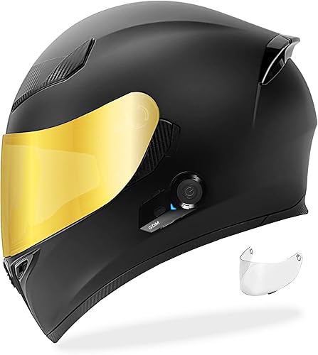 Miniatura 2 de GDM Casco de motocicleta Bluetooth de cara completa con 3 escudos (dorado, plateado, transparente)