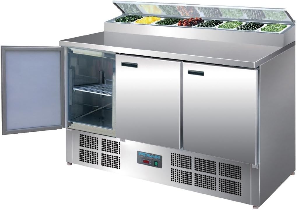 POLAR REFRIGERATIONPolar Refrigeration G-Series 235W Pizza Food Prep Triple Door Counter Fridge 390 Litre, Stainless Steel, 2°C to 8°C, 1010(H)x1370(W)x700(D)mm, 3 Adjustable Shelves, Fan-Assisted Cooling | G605