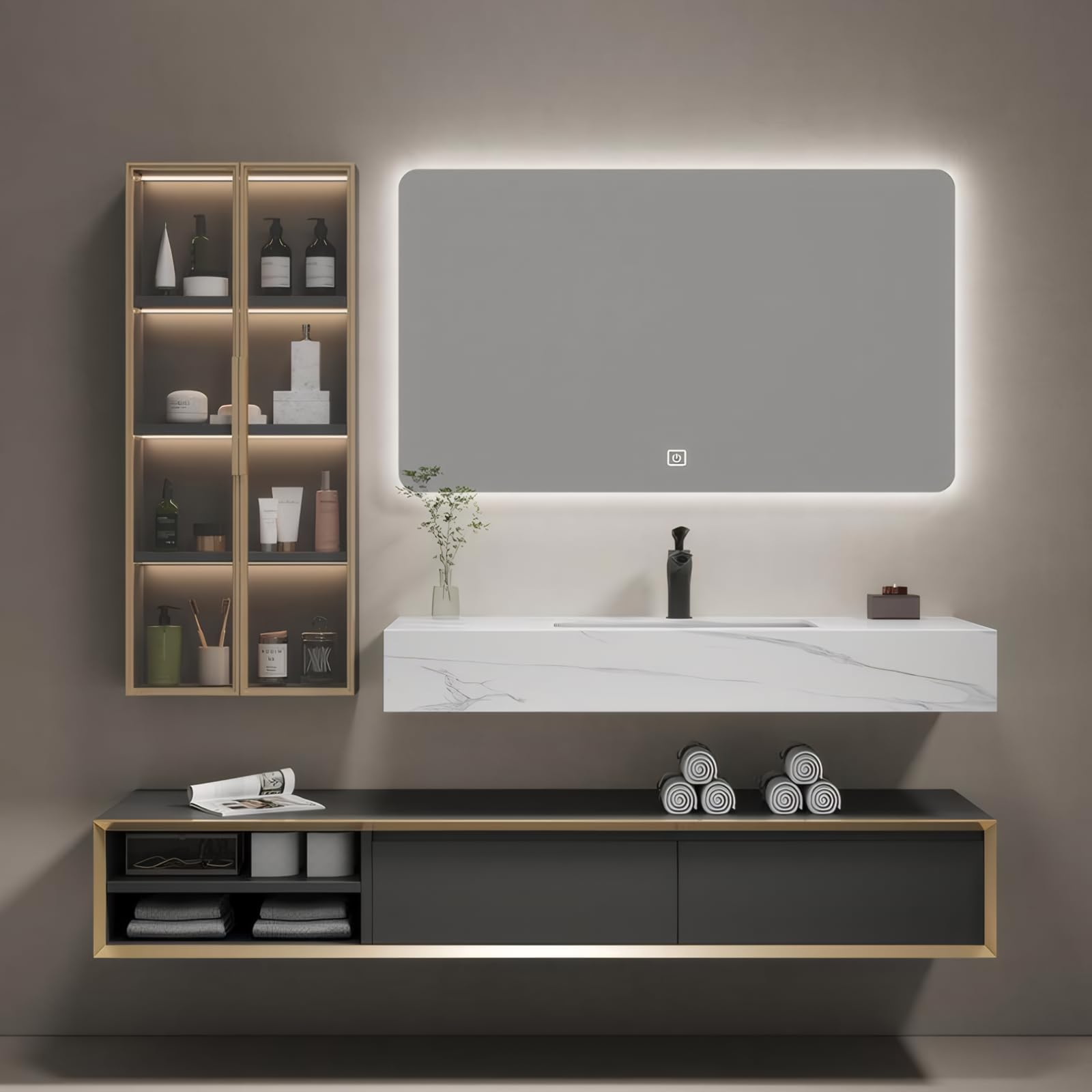 48 Inch Bathroom Vanity, Modern Vanity with Single Sink, Solid Wood Bathroom Vanity Set Includes Smart Defog LED Mirror and Side Glass Cabinet with