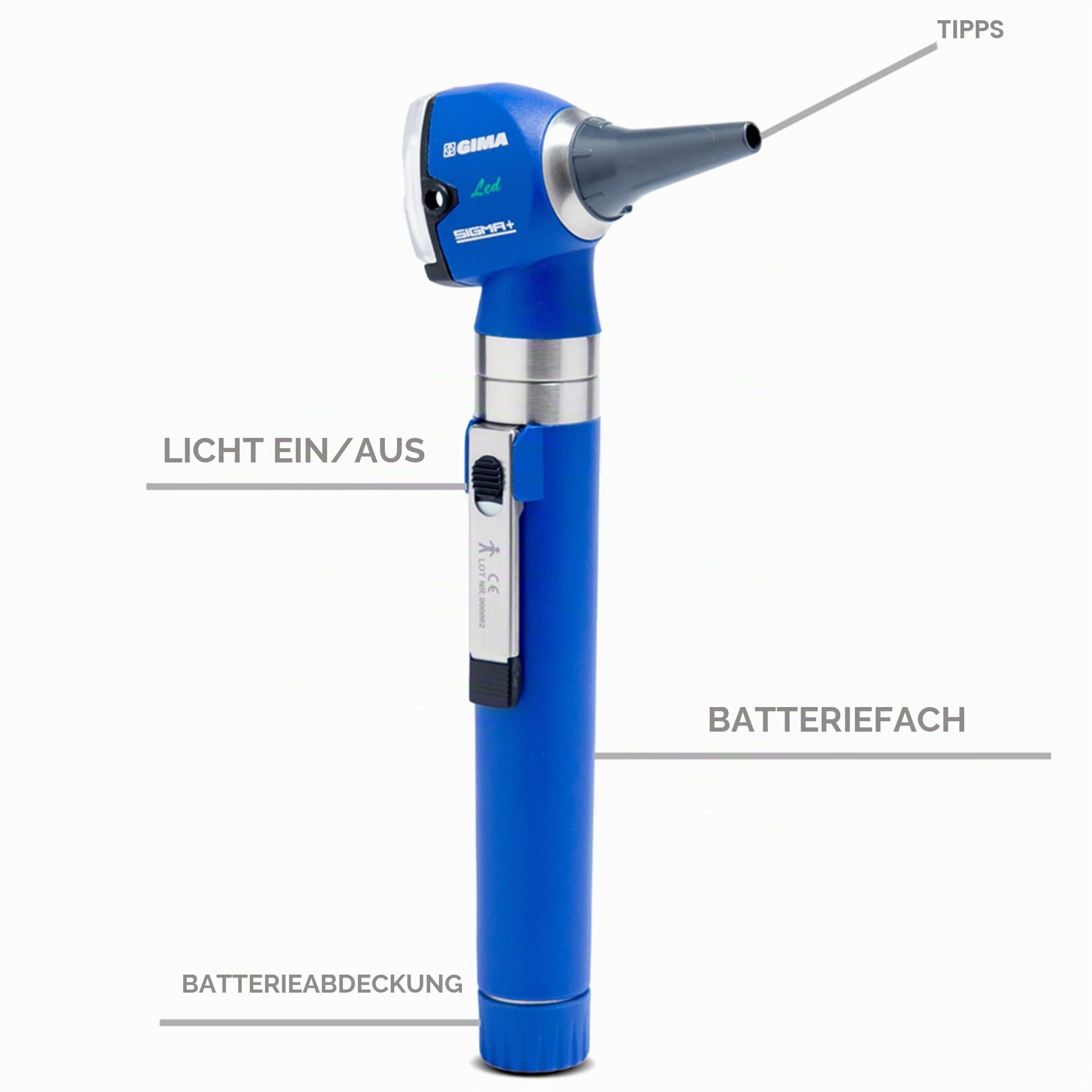 GIMA Sigma Otoskop mit LED-Licht, aus verstärktem Kunststoff, leicht und stoßfest, aus Edelstahl, Blau