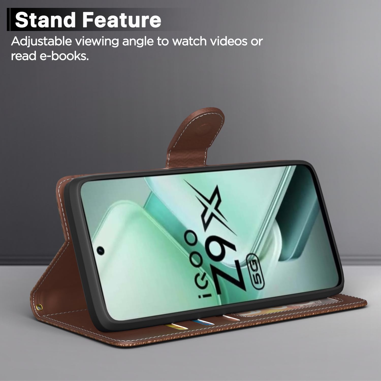 Amazon basics Flip Cover for IQOO Z9x 5G | Leather Finish | Inside TPU with Card Pokets | Wallet Stand and Shock Proof | Complete Protection Flip Case (Tan) offers donot miss
