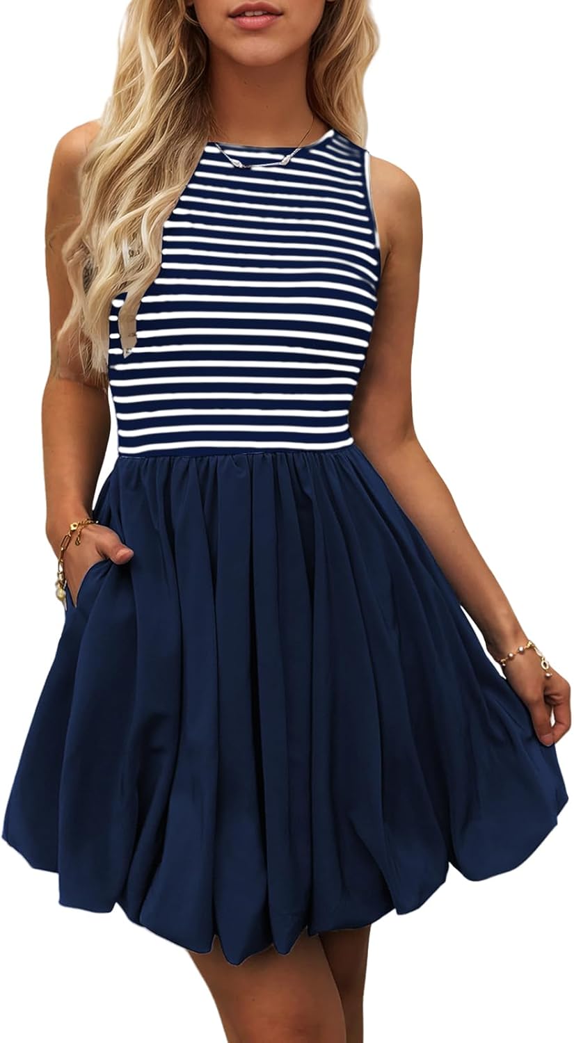 Women's Casual Bubble Mini Dress with Pockets Sleeveless Bubble Hem Striped Tank Short Dresses Summer