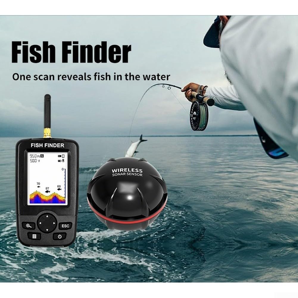 Smart Sonar Fish Finder Funkcja automatycznego włączania i wyłączania | Zasięg bezprzewodowy 100 m, szeroki skanowanie 90°, wykrywa ryby i teren, idealny do dużych jezior, obszarów przybrzeżnych