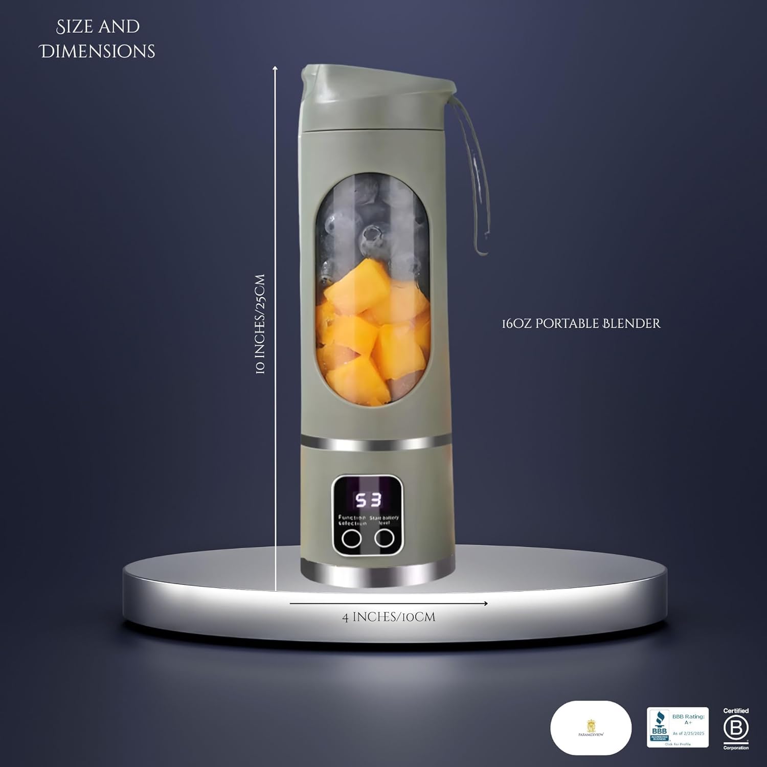 Paramexview® Portable Blender 16oz/500ml for Juices & Smoothies with 12 Stainless Steel Blades | USB Rechargable & 3 Levels Multi-Speed Control | 50W Powered fusion Portable Blender