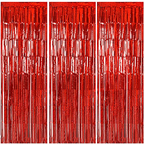 TONIFUL 3Pcs Laser Red Door Streamers,3.28ft x 6.56ft Photo Booth Backdrop Metallic Streamers Laser Red Foil Fringe Curtains for Birthday,Christmas,New Year,Bachelorette,Disco Party Streamers Decor
