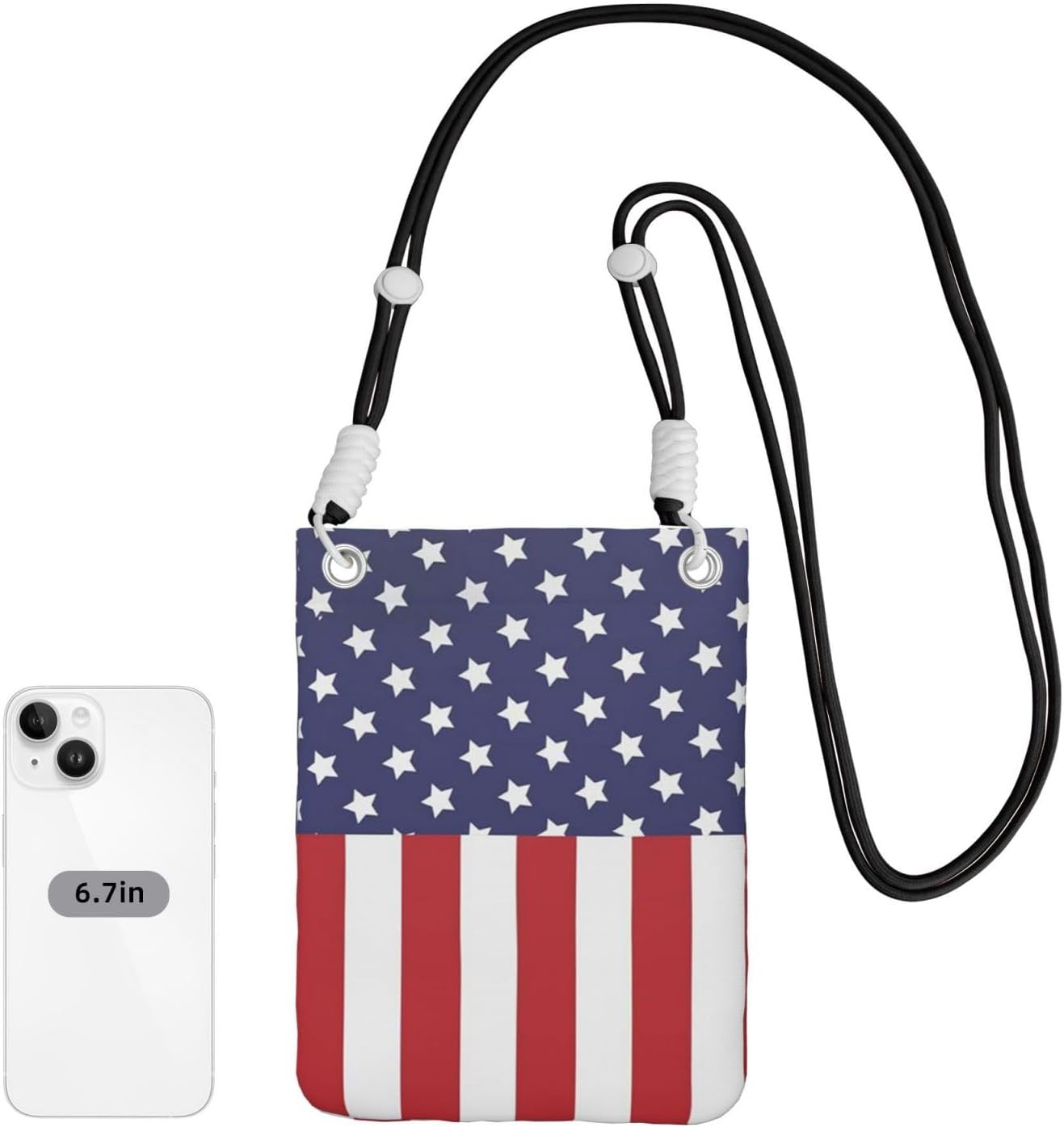 Cell Phone Crossbody Bag for Girl Women, Black Strap, Polyester Material, Adjustable and Detachable Shoulder Strap American Flag Blue Red Pattern