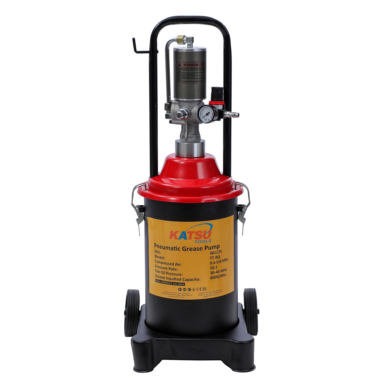 KATSU Tools Bomba de Grasa Neumática 12L Bomba de Engrase con Aire a Presión Dispensador de Pistola de Grasa de Aire Portátil con 12ft Manguera, 450 Bar, para Maquinaria de Automóviles y Camiones
