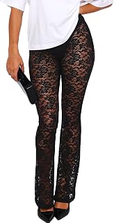 Women Lace Pants Leggings Sexy Sheer Mesh Rave Pants Wide Leg Bell Bottom Cover Up