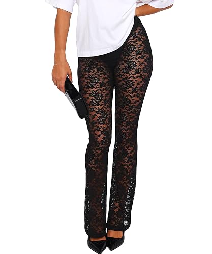 Women Lace Pants Leggings Sexy Sheer Mesh Rave Pants Wide Leg Bell Bottom Cover Up