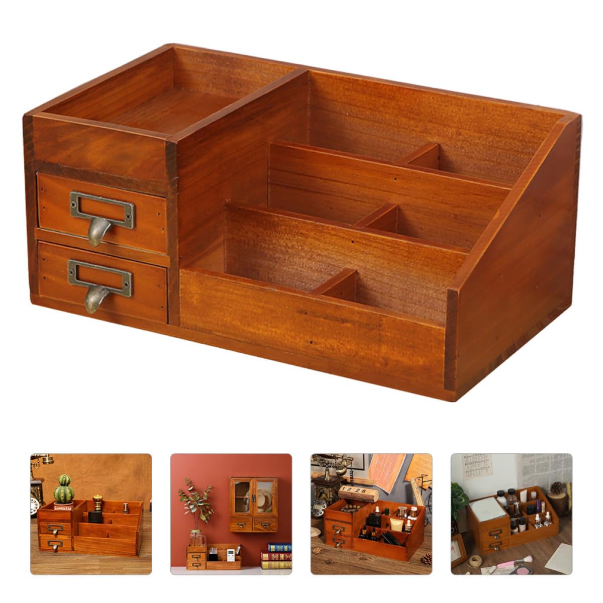 Porta Oggetti da Scrivania in Legno 6 Scomparti e 2 Cassetti, Organizer Multifunzionale per Piccoli Oggetti, Elegante e Decorativo per Casa e
