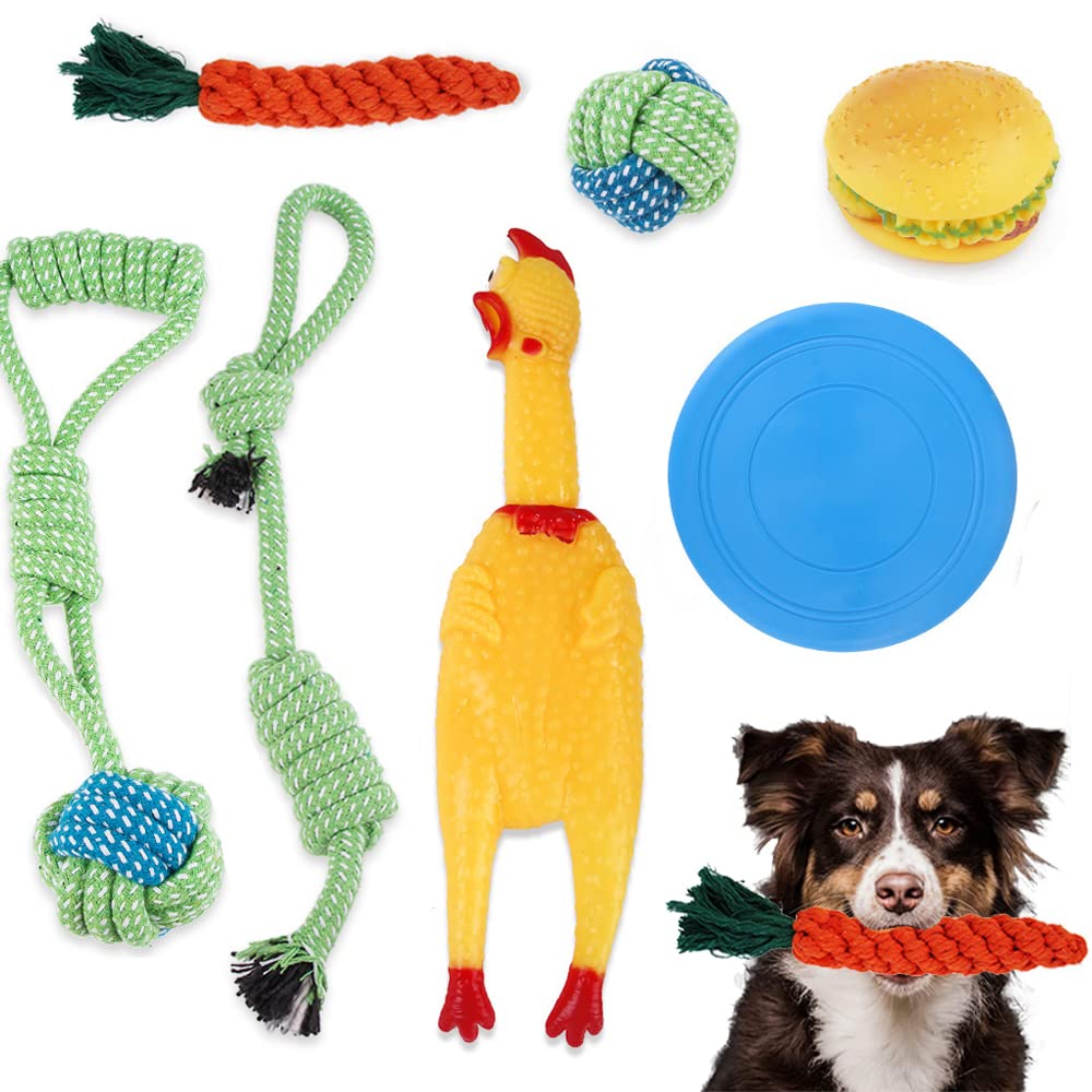 NeoStyle (7 PCS) Dog Puppy Toys Set,Puppy Chew Toys for Fun and Teeth Cleaning,Interactive Dog Rope Toys,Flying Disc,Dog Squeak Toy for Small Medium and Large Dog (7 PCS)
