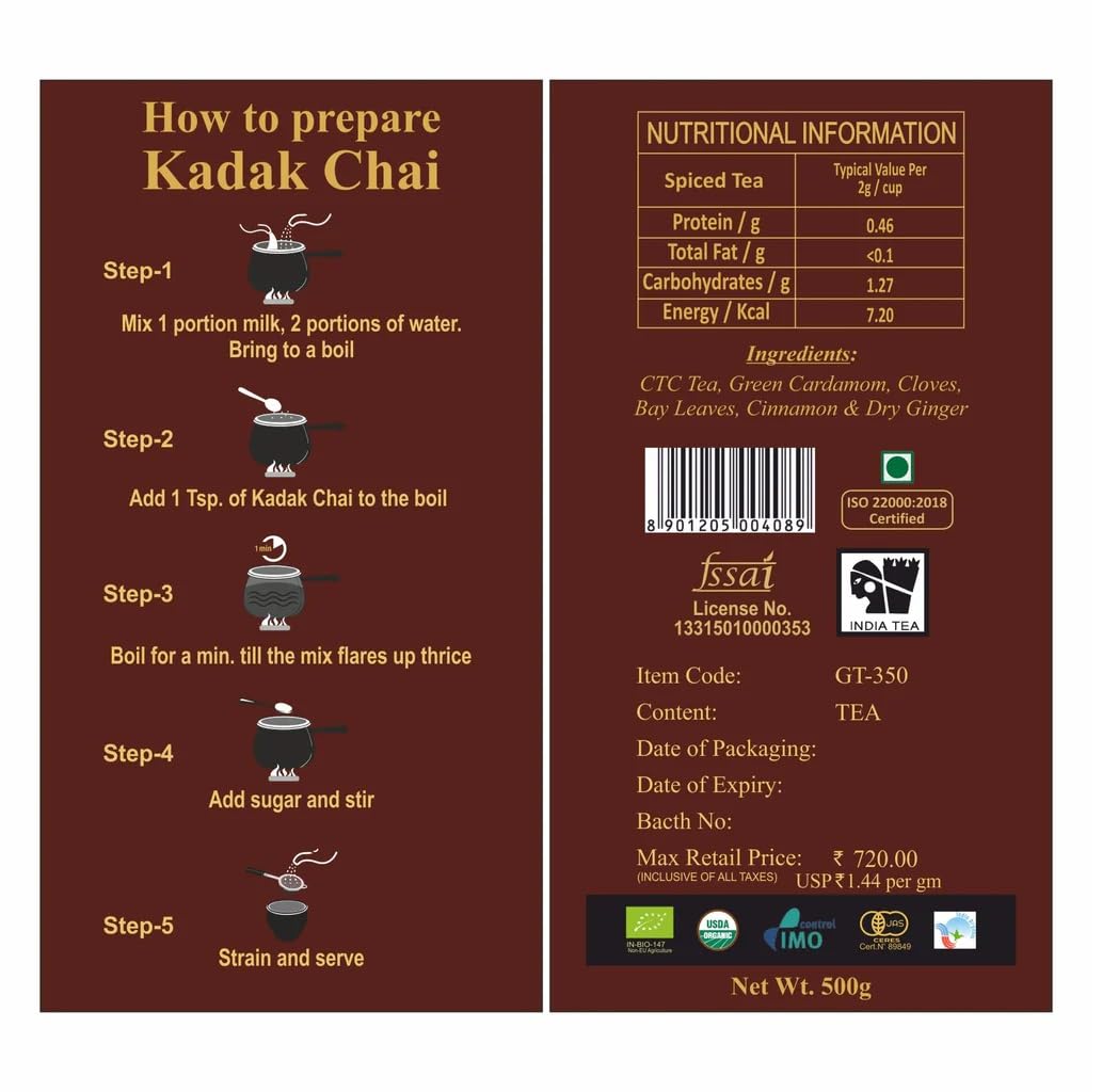 Golden Tips Kadak Masala Chai, Strong Assam CTC Tea with Aromatic Spices, Cardamom, Cinnamon, Clove, Ginger & Bay Leaves, Bold & Flavorful, Best with Milk, (500 Gram, 250 cups) - Image 2 thumbnail