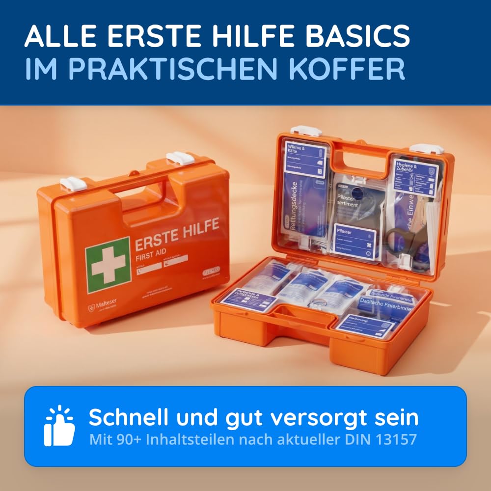 Erste Hilfe Koffer nach neuer DIN 13157:2021 | Gefüllt, inkl. Wandhalterung, 5x Aufkleber, Prüfsticker & 3x Plomben | Erste Hilfe Kasten/Verbandkasten für Betriebe, Unternehmen, Büro & Zuhause