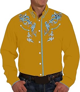 2025 - Patrón retro europeo de mezclilla occidental impreso, para hombre, casual, holgado, cómodo, moderno, comercio exterior, negocios, solapa, camisa de manga larga para niños, amarillo, M