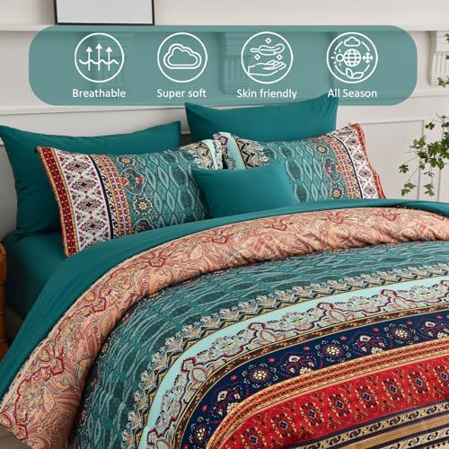 Image of Cottolester Boho King Size Comforter Set 8 Pieces,Green and Brown Bohemian Striped Bed in a Bag,Floral Soft Microfiber Bedding Comforter Set