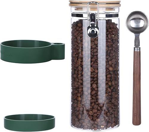 Miniatura 4 de KKC Contenedor de almacenamiento de granos de café sellado al vacío con cuchara, recipiente de vidrio hermético con tapa con bisagras y cuchara para