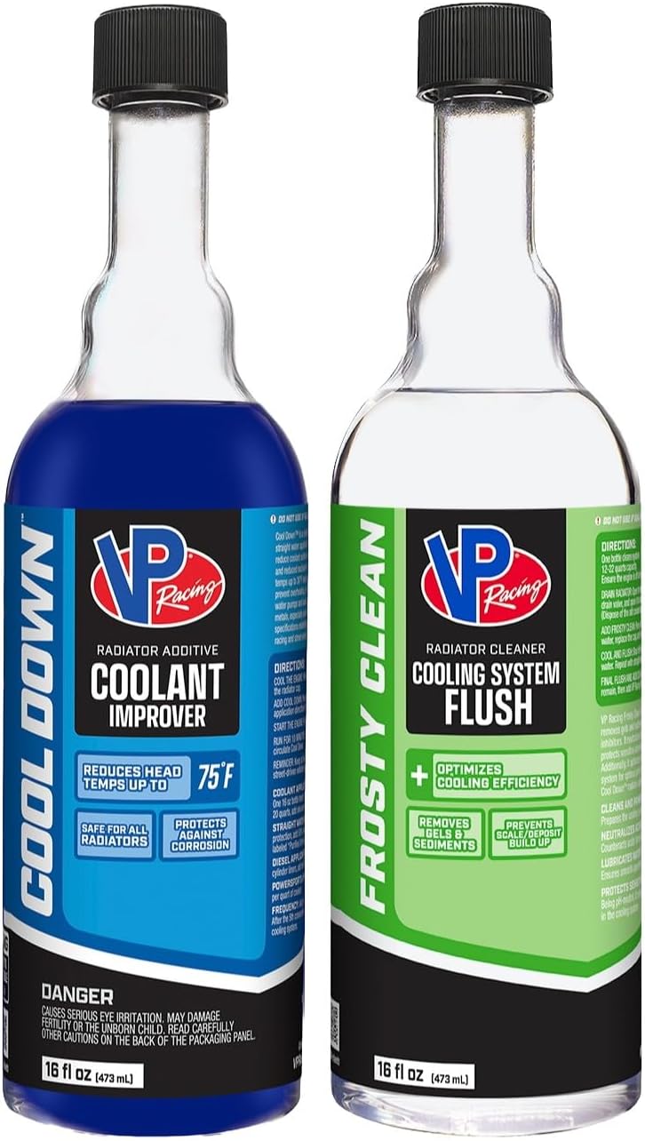VP Racing 2301 + 208816 - Stay Frosty Race-Ready Coolant with 100% Water-Based Formula, 64 Ounces and Frosty Clean Cooling System Cleaner & Flush, 16 Ounces