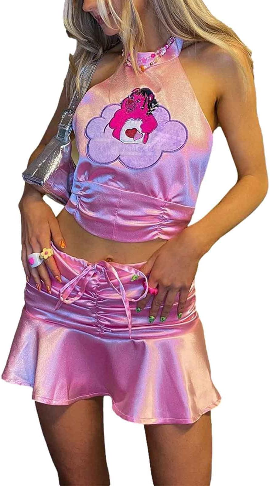 WANGSAURA 2Pcs Women Y2K Halter Cami Skirts Set Backless Crop Top Ruched Ruffle Skirt Outfit (Pink Halter