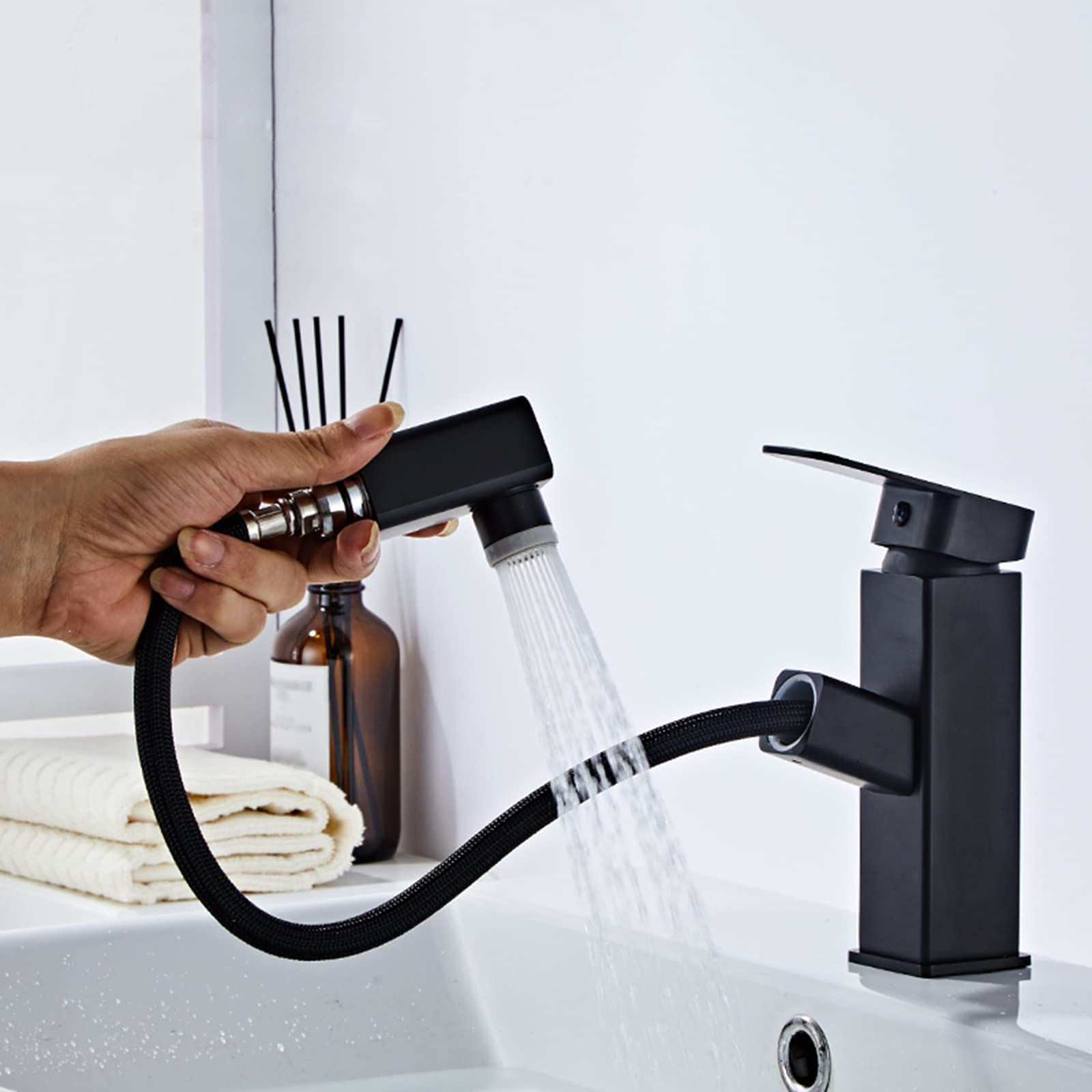 Generico Rubinetto da Bagno con Miscelatore Estraibile per Lavello da Cucina/Bagno 2 modalità di Getto Miscelatore per Lavabo da Bagno con Doccetta Nero-A