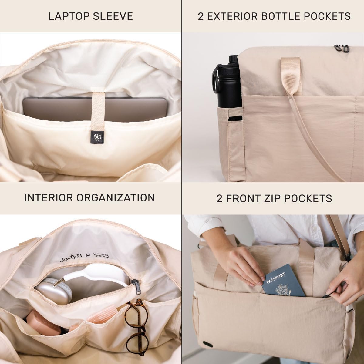 Jadyn Austin Carry-On Travel Duffel Bag for Women, 18” Weekender Bag with Laptop Sleeve, Durable Material, and Trolley Sleeve, Ideal for Work, Gym, and Overnight Trips (Natural) - Image 4