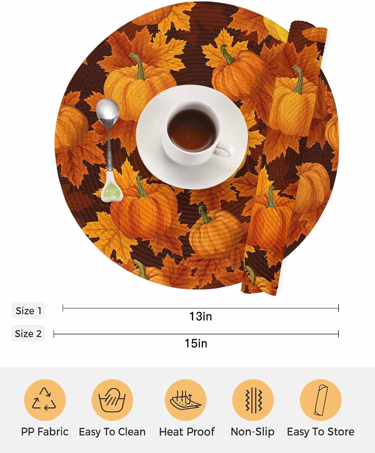 Fall Round Placemats Set of 4 Thanksgiving Orange Harvest Pumpkin Place Mats Washable Woven Placemat Autumn Maple Leaf Circle Braided Table Mat for Kitchen Dining Holiday Party Fall Decor 15 Inch