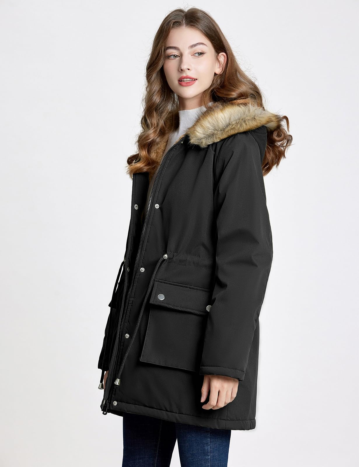Xnova Cappotto Donna Invernale, Parka Impermeabile con Cappuccio Antivento, Media Lugghezza Giacca Foderato in Pile Pelliccia Sintetica Caldo ed Elegante Cappotti per Outdoor Autunno Inverno