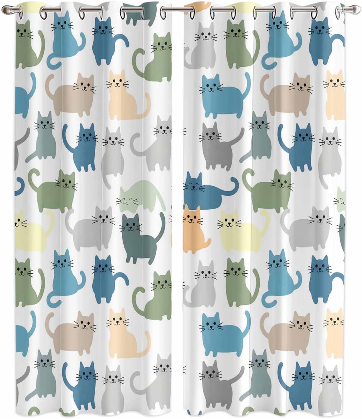 Grommet Window Curtains Cartoon Lovely Cat Print Grommet Top Bedroom and Living Room Curtains, Set of 2 Window Curtain Panels,52 x 96 Inch