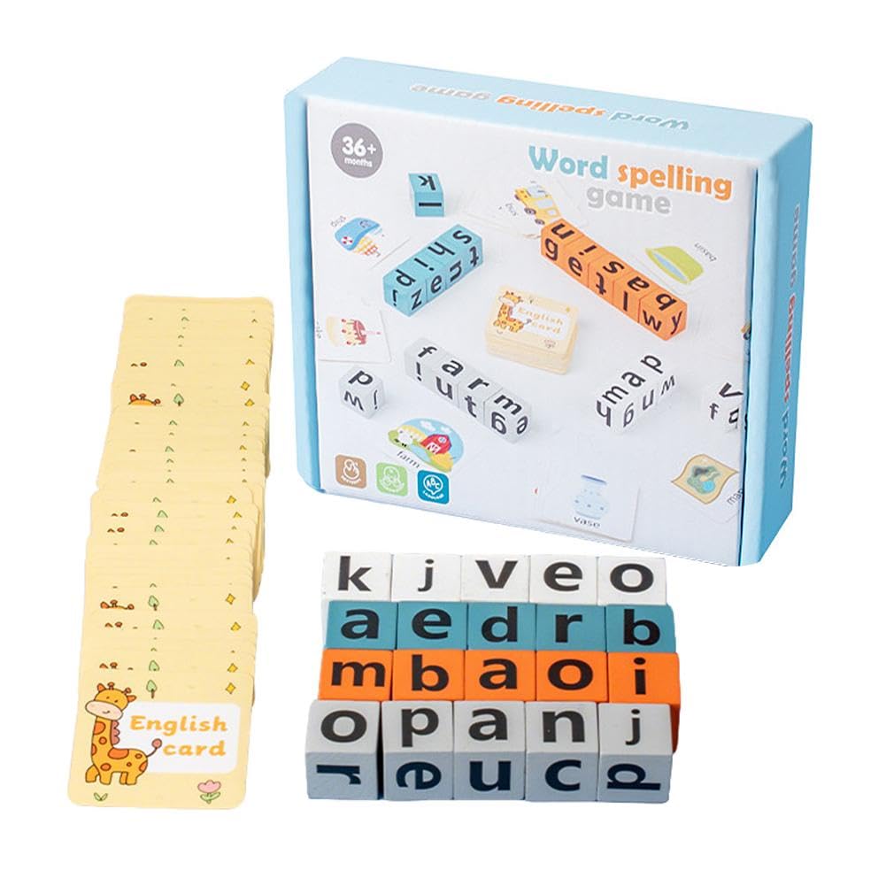 BOWTONG Word Spelling Game,Alphabet Puzzle Set with Flash Cards, Turn A Word Game With Wooden Flashcards Alphabet & 20 S 64 Blocks,