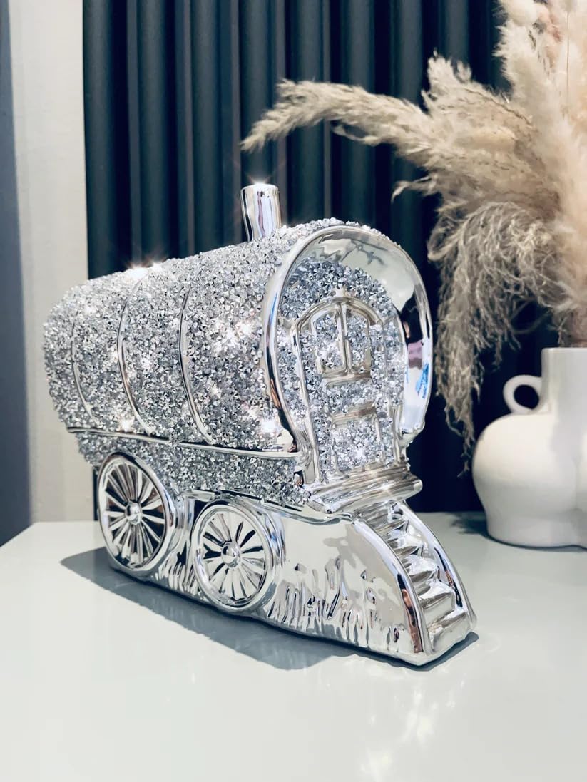 Shabjy Silver Crushed Diamond King Wagon Ornament, 20Cm, Ceramic, Sparkling Bling, Shelves Sitter
