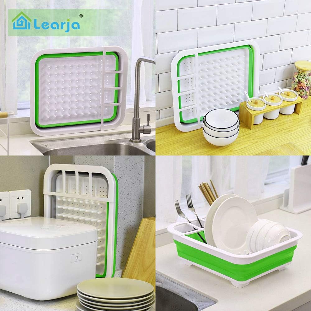 Learja Collapsible Dish Drying Rack, Small Folding Dish Rack, Portable Dish Drying Rack, Compact Dish Drainer for Kitchen, Camper, RV, Caravan, Travel Trailer (Green and White Without Drainer Board)