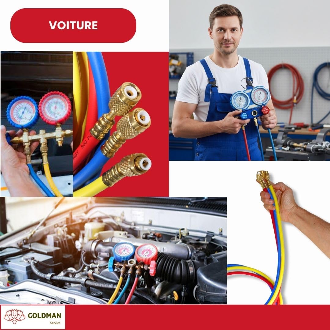 GOLDMAN SERVICE | Kit Manomètre Climatisation avec 3 Tuyaux de Recharge et Mesure de Gaz Réfrigérant Voiture AC | R410A R407C R32 R134a