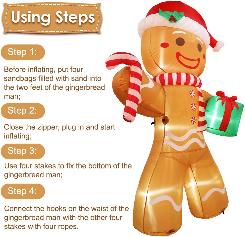 AerWo 8ft Christmas Inflatable Gingerbread Man, Christmas Blow Up Yard Decorations with Build-in LEDs, Inflatable Christmas Decorations Outdoor for The Yard, Lawn, Garden - Image 4